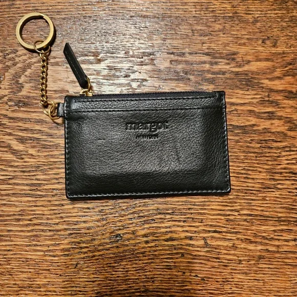 Margot NY Black Pebbled Leather Card Case Keychain Coin Purse Gold Hardware - Picture 1 of 5